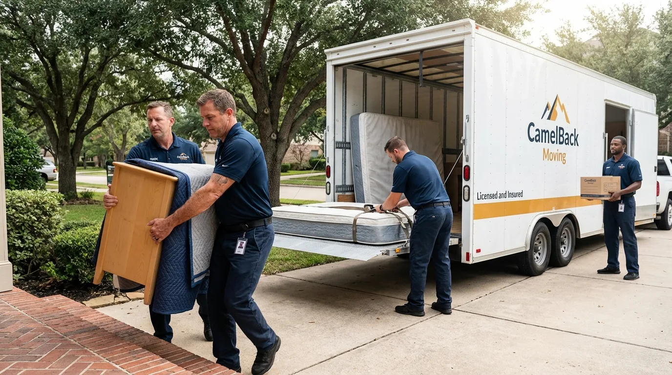 Crew loading residential truck for cross-state move from Hughes Springs, TX