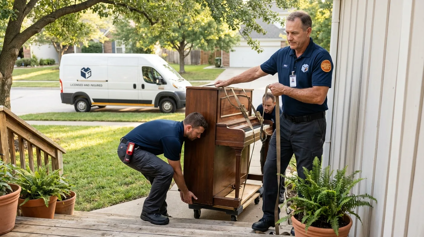 Licensed piano movers securing grand piano in Hughes Springs, TX