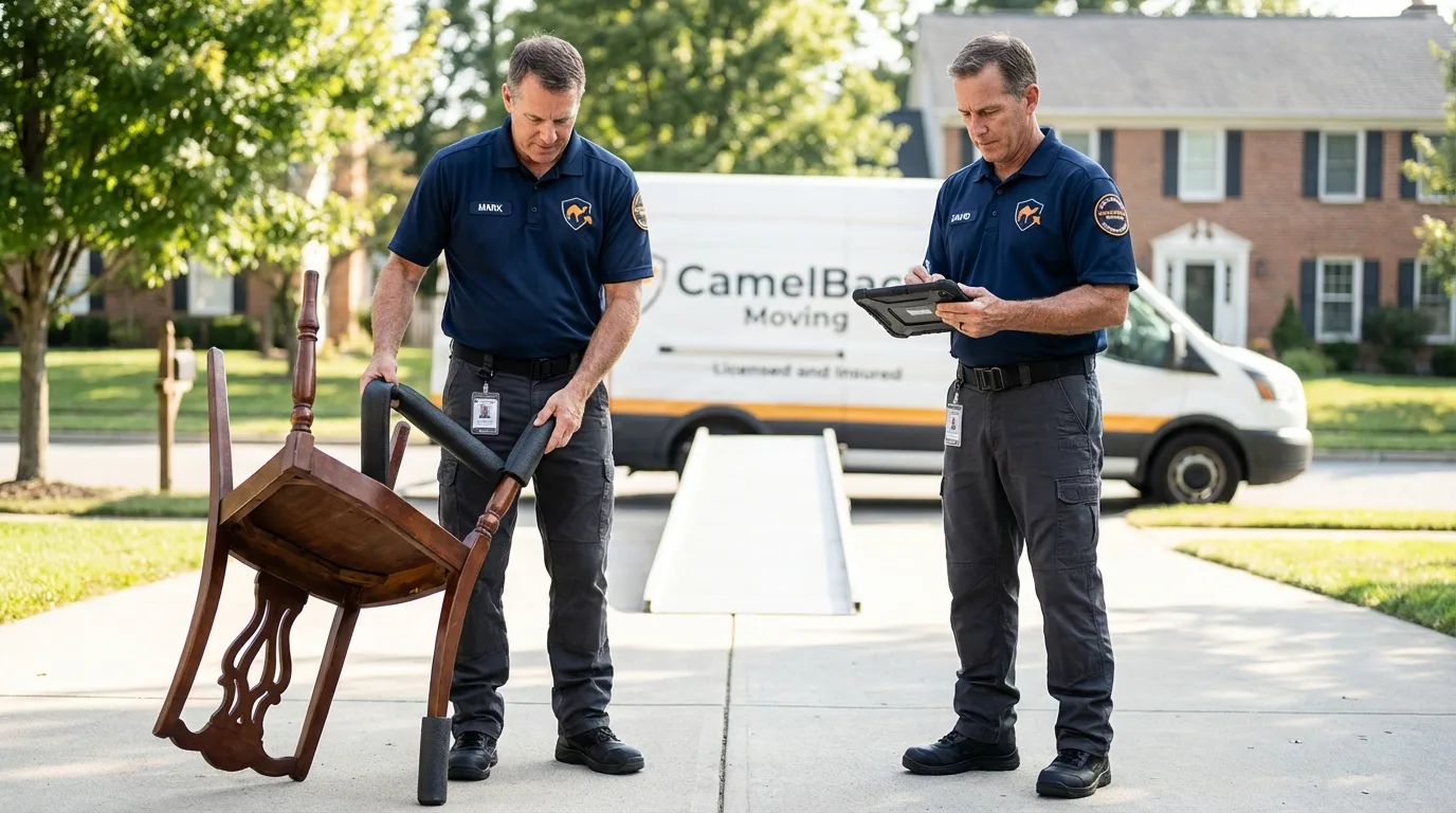 Movers inspecting furniture for damage prevention before loading in Hughes Springs, TX