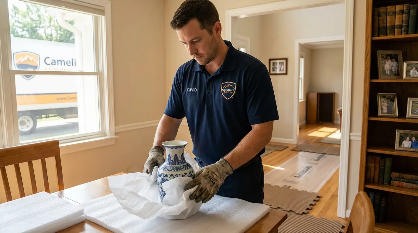 Professional crew carefully wrapping antique vase for senior downsizing move in Hughes Springs, TX